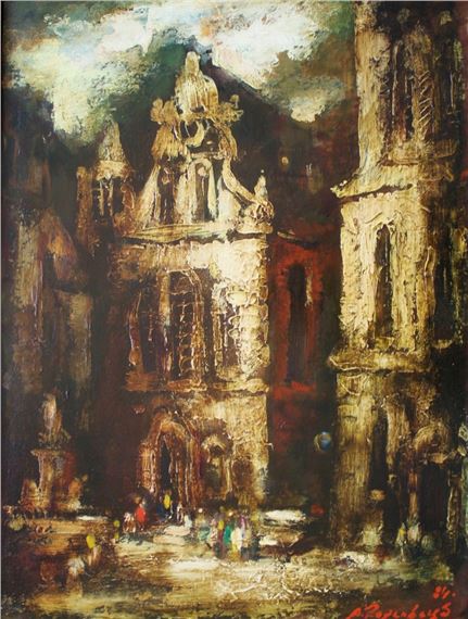 Old Town Square, cardboard/oil, 68x64 cm, 1984 by Andrejs Rozenbergs, 1984
