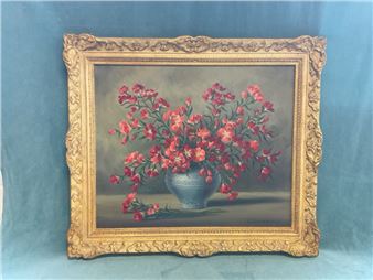 red flowers in a blue vase - Leonora Mckean