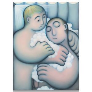 A tender painting of a figure holding another in a cloud-like embrace.