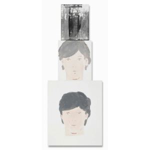 A minimalist triptych featuring three stacked portraits of a person with dark hair against a plain background.