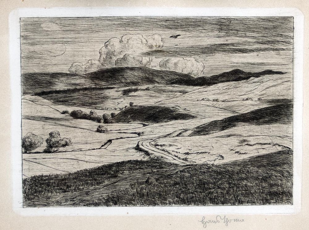 Artwork by Hans Thoma, Landschaft mit Wolkenschatten, Made of etching on paper