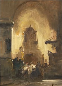 A group of figures gathered under a large archway in a dimly lit interior space.