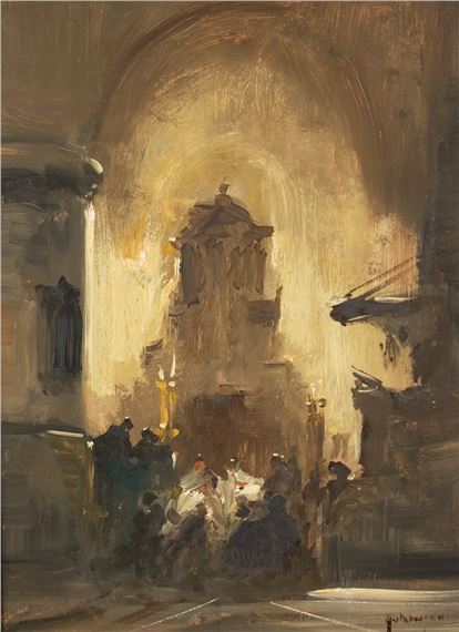 A group of figures gathered under a large archway in a dimly lit interior space.