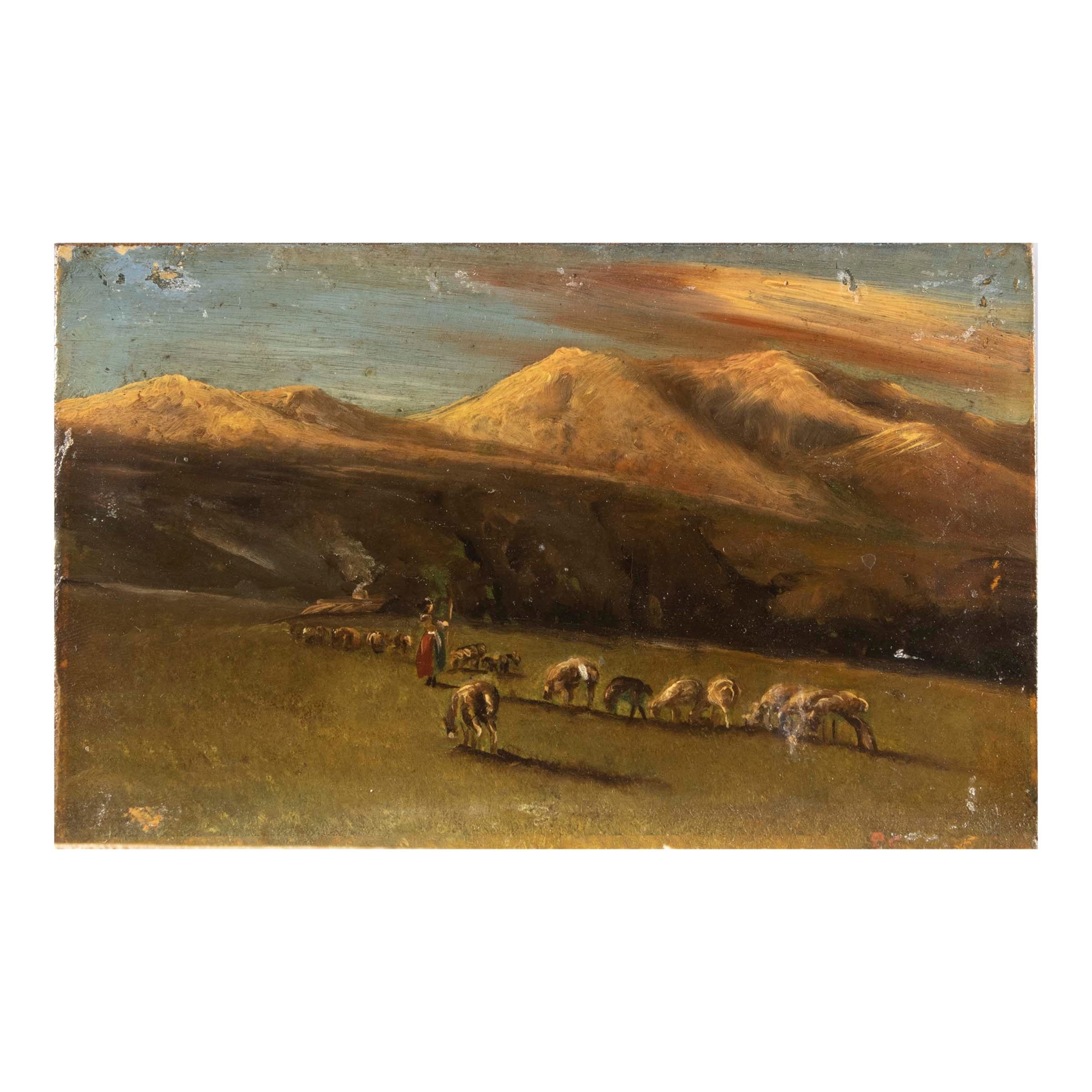 Artwork by Raffaello Sernesi, Landscape with flock and shepherd, Made of oil