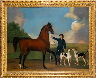 A classical oil painting of a man leading a dark horse with three dogs in an open landscape.