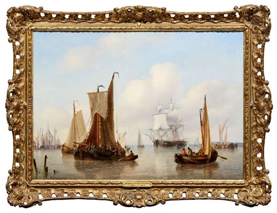Sailboats at the entrance to a port - Georg Willem Opdenhoff