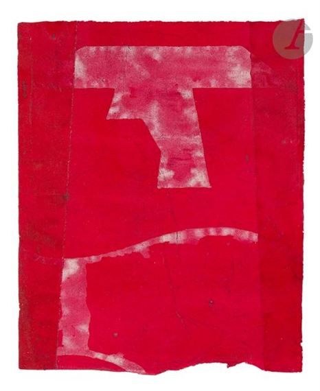 A bold red textile artwork featuring a large white abstract shape with visible texture and stitching details.