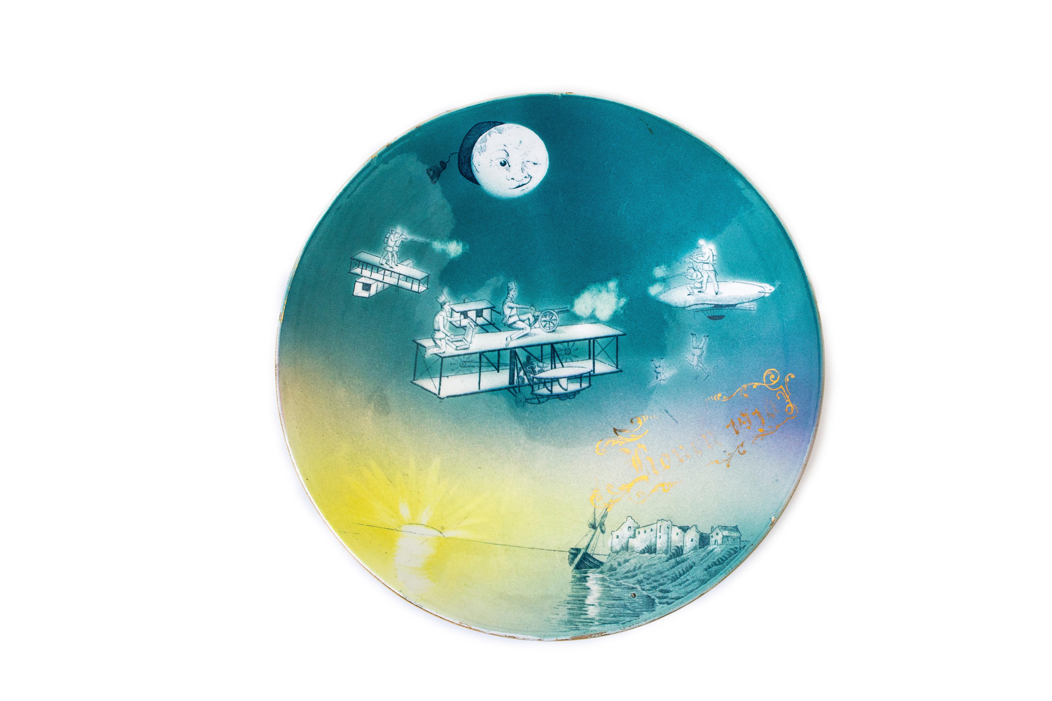 Artwork by Gamand Hamage Rouen, An early, satirical, aviation plate by Gamand Hamage Rouen, circa 1910, Made of hand painted