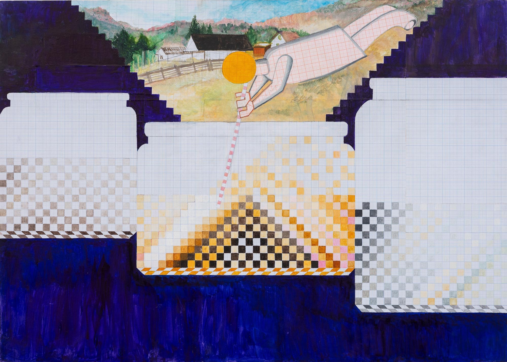 Artwork by Alina Crasovschi Feneș, The Square Maker (Producătorul de pătrate, Made of paper; collage on wood board