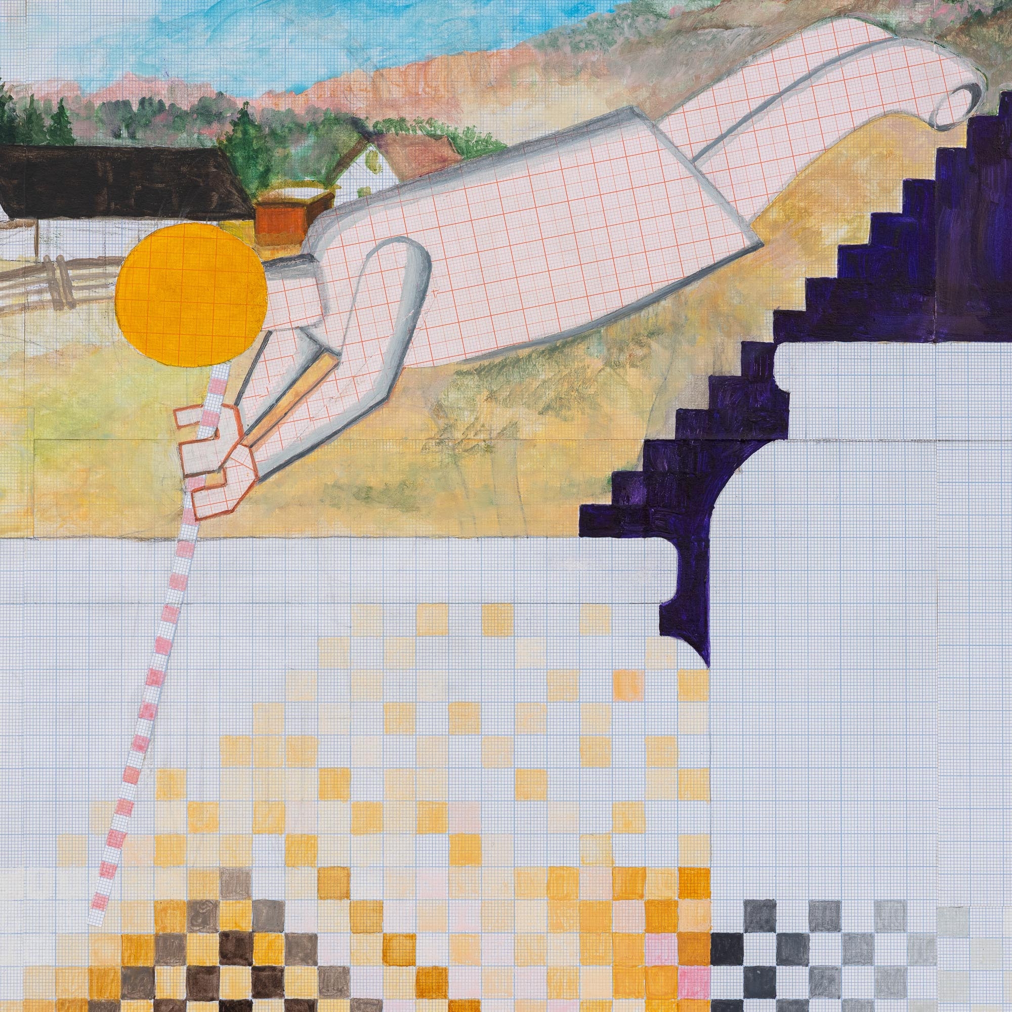 Artwork by Alina Crasovschi Feneș, The Square Maker (Producătorul de pătrate, Made of paper; collage on wood board