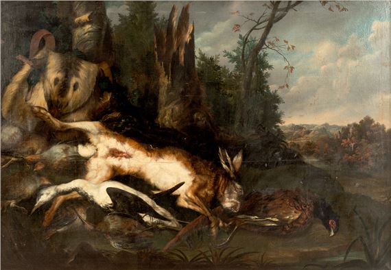 Jagdstilleben mit Hasen, Geflügel und einer Jagdtasche aus Fell. - Pieter Boel