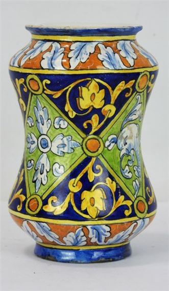 Small polychrome earthenware albarello decorated with fantastical animals by Ulysse Besnard, 1865