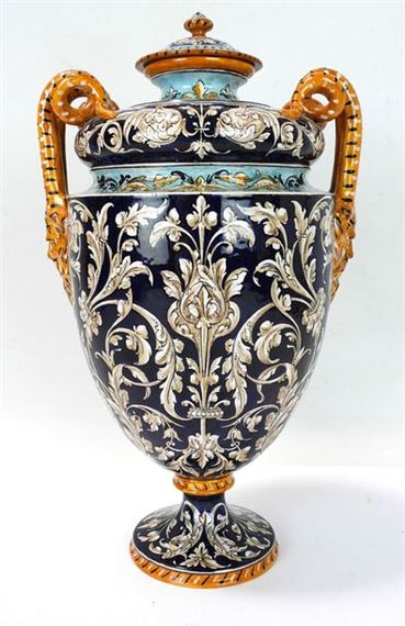 Large polychrome earthenware covered vase on foot by Ulysse Besnard, 1877