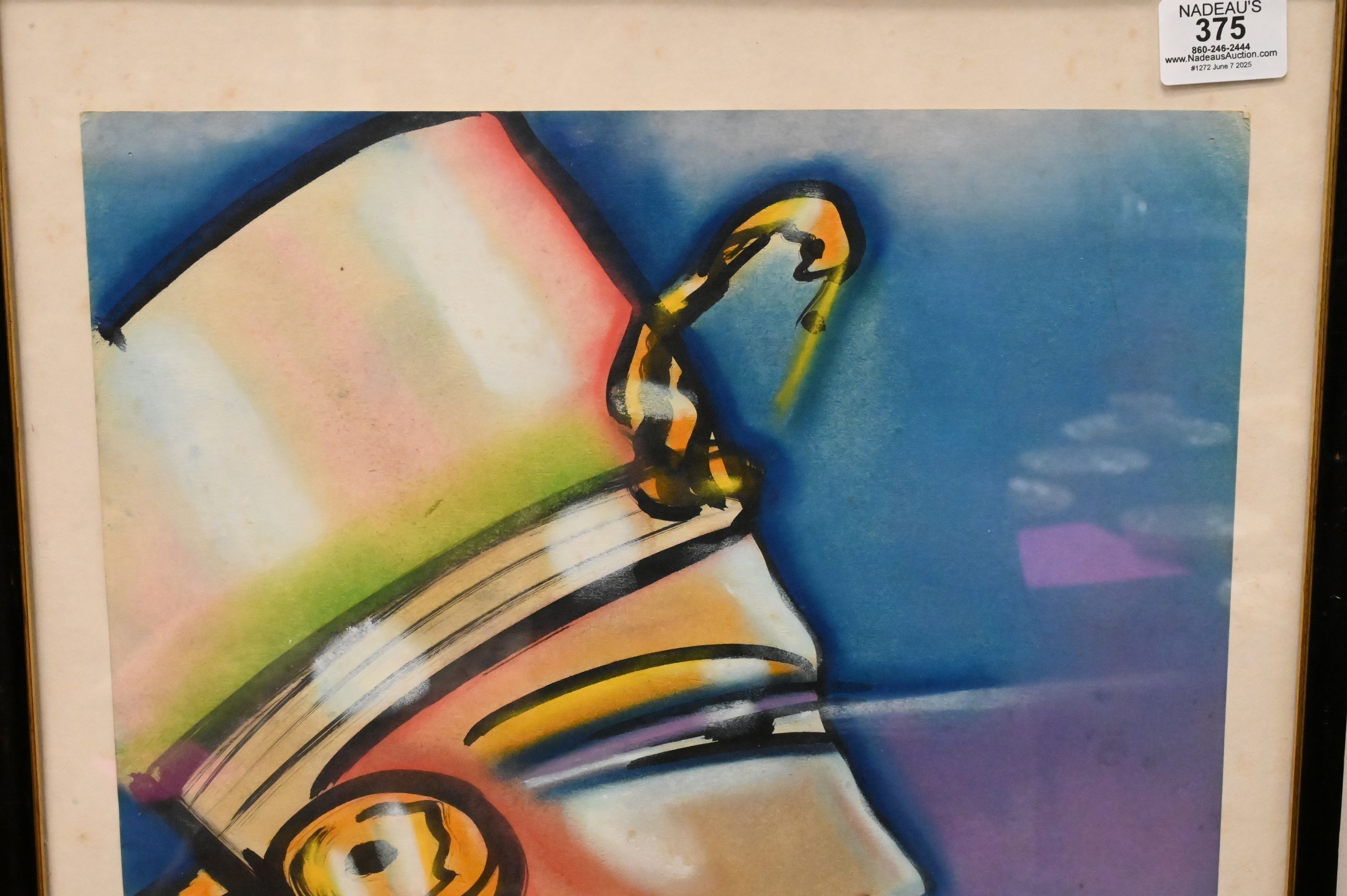 A stylized profile portrait of a figure wearing an elaborate headdress against a blue background.
