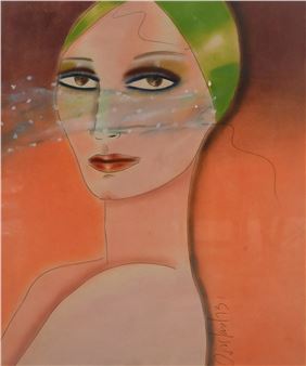 A stylized portrait of a figure with green hair and a translucent blue veil against an orange background.