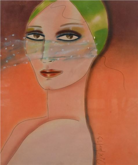 A stylized portrait of a figure with green hair and a translucent blue veil against an orange background.