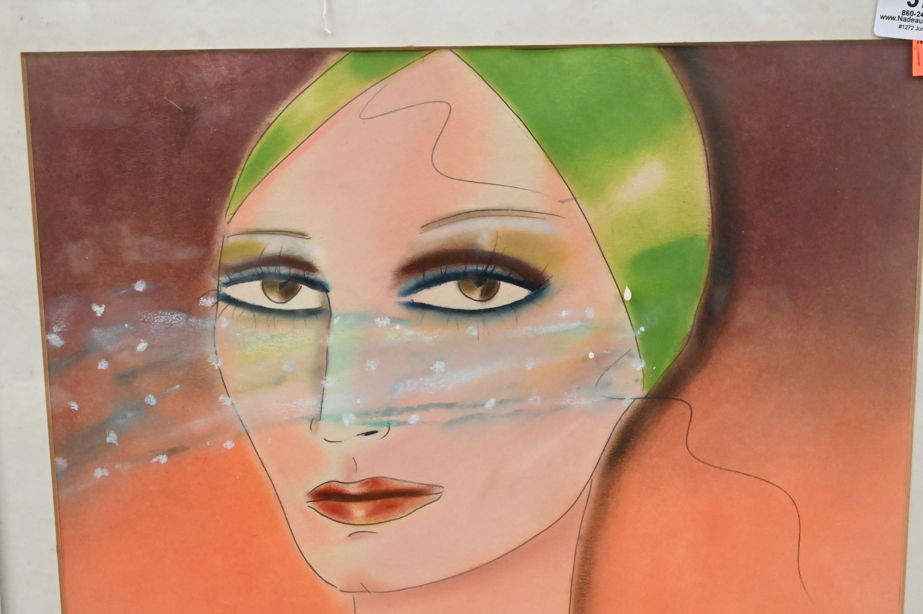 A stylized portrait of a figure with green hair and a translucent blue veil against an orange background.