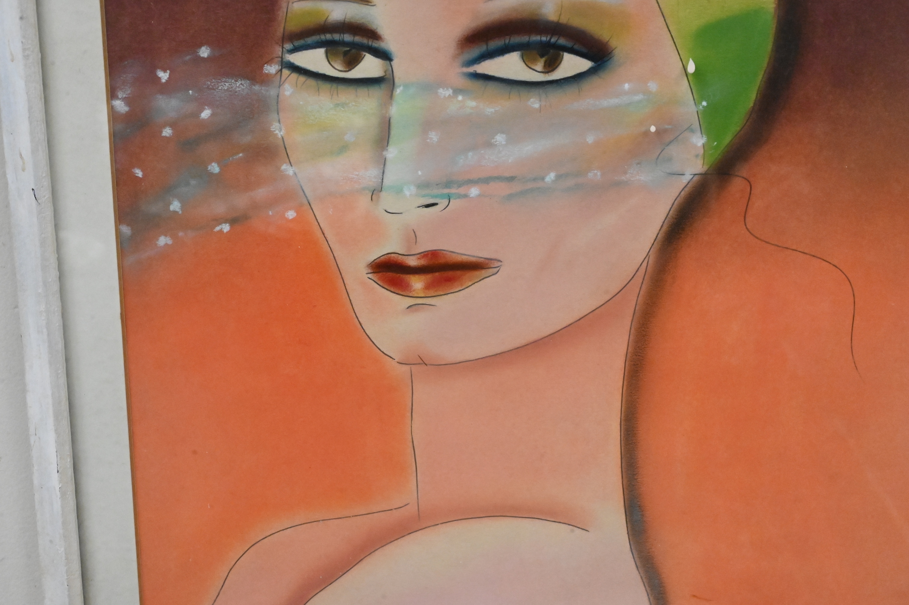 A stylized portrait of a figure with green hair and a translucent blue veil against an orange background.