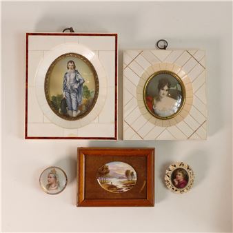 Five hand painted miniature items including - Blue Boy framed print after Gainsborough, portrait - Queen Victoria