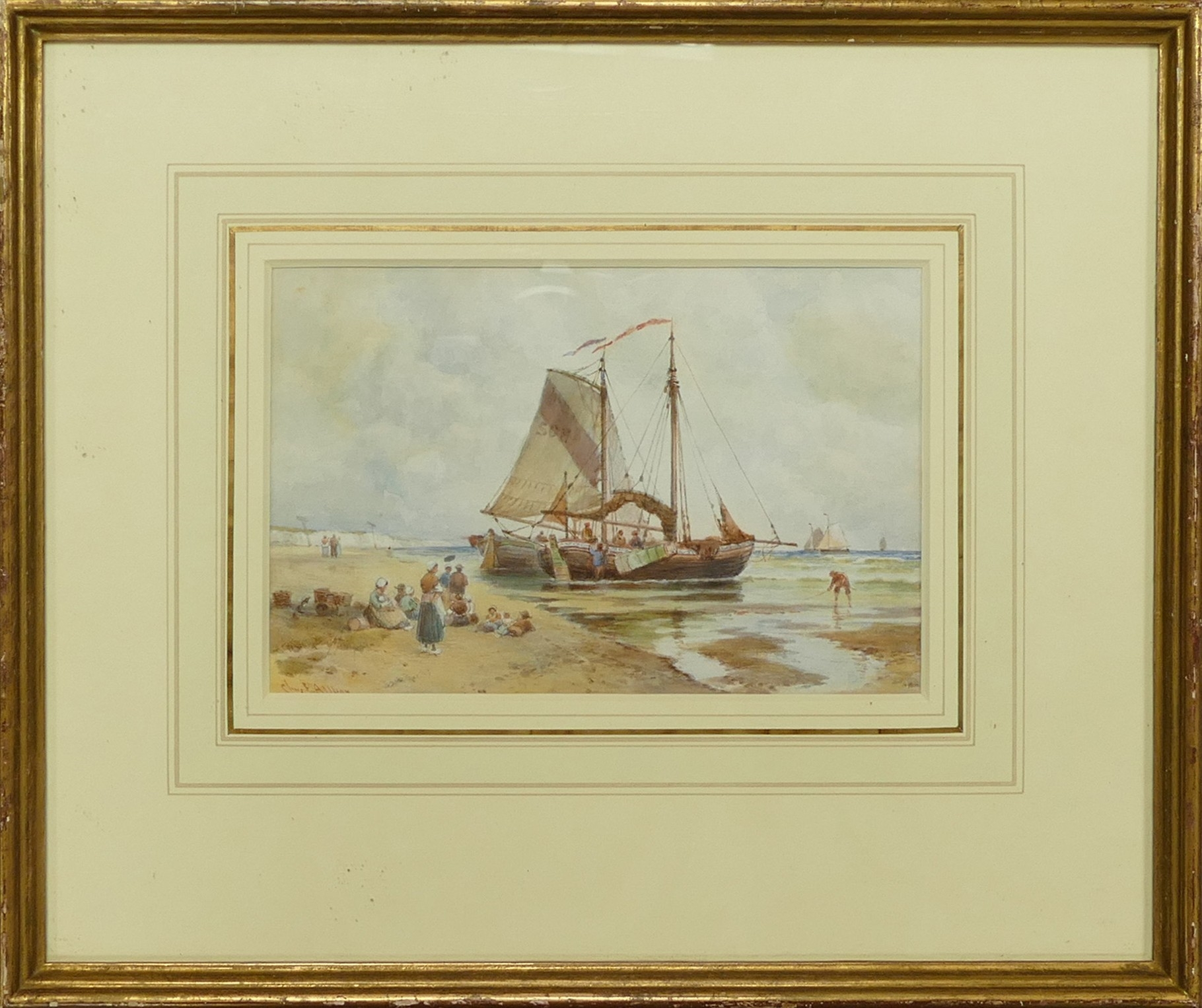 Artwork by Charles Frederick Allbon, Dutch style fishing scene., Made of Watercolour on paper