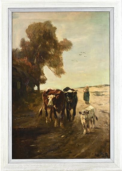 Landschap met boerin en koeien by Henry Schouten