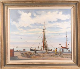 Robert C Benham ( America 1908-2002) Oil On Canvas Depicting Daily Coastal Scene of Life in Gloucester Harbor Fishermen's at Work Fishing Boat Ocean Signed to Lower Right: &quot;RC Benham&quot; Framed Approx: Frame: 29 3/4&quot;L 25 3/4&quot;H Art: 23 3/8&quot;L 19 1/2&quot;H In Overall Good Condition Please look at Photos Closely Out of a New York City Estate search Words: Ship Marine Thank you for Bidding with Gold Coast Auctioneers 50 Werman ct Plainview NY 11803 tel. 516-586-3992 We are now accepting Consignments for our - Robert C. Benham