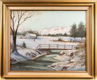 Robert C Benham ( American 1908-2002) Oil On Canvas Depicting Winter Landscape in America with People Walking to Their Home Signed to Lower Right: &quot;RC Benham&quot; Framed Approx: Frame: 25&quot;L 21&quot;H Art: 19 3/8&quot;L 15 3/8&quot;H In Overall Good Condition Please look at Photos Closely Out of a New York City Estate Thank you for Bidding with Gold Coast Auctioneers 50 Werman ct Plainview NY 11803 tel. 516-586-3992 We are now accepting Consignments for our future auctions - Robert C. Benham