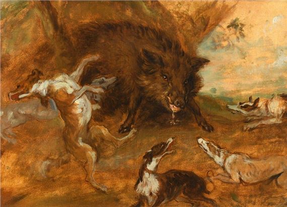 BERNAERTS Nicasius (Attributed to) (Antwerp 1620 - Paris 1678) Boar hunt Oil on paper mounted on canvas (study). H. 30 L. 41.2 cm - Bernard Nicasius