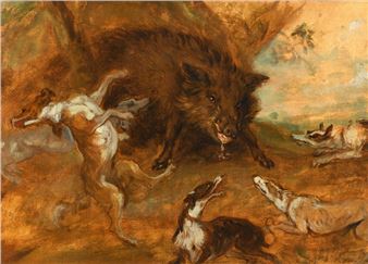 BERNAERTS Nicasius (Attributed to) (Antwerp 1620 - Paris 1678) Boar hunt Oil on paper mounted on canvas (study). H. 30 L. 41.2 cm - Bernard Nicasius