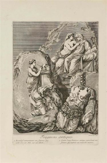A classical engraving depicting a mythological scene with draped figures and a reclining nude figure.