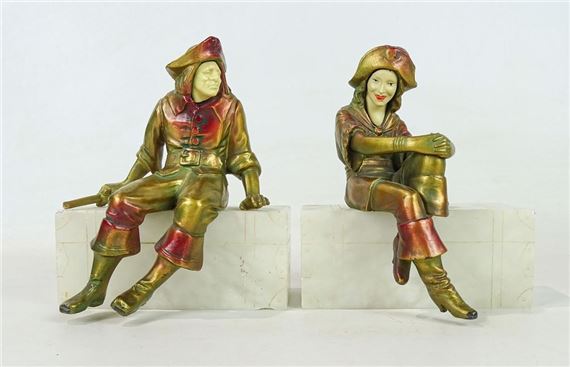 Pair bookends: Pirate on marble base by J.B. Hirsch, 1925