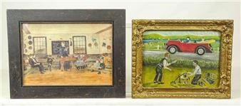 Lot (2) pieces of artwork including: Watercolor of class room signed "Jacquelyn Trone" (info verso - Jacquelyn Trone