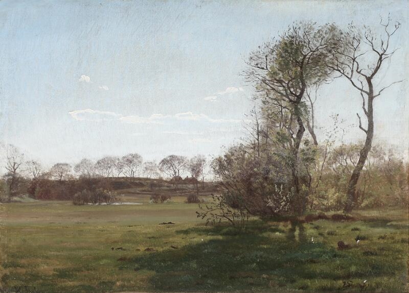 Artwork by Harald Frederik Foss, View from a meadow and a farmhouse in the distance, Made of Oil on canvas laid on canvas