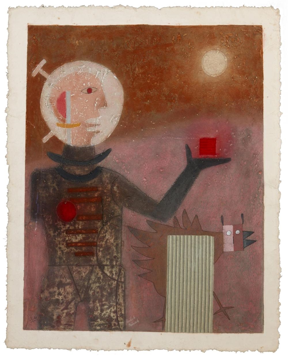Artwork by Teódulo Rómulo, Astronauta con Pollo, Made of Mixografia in colors on thick handmade paper