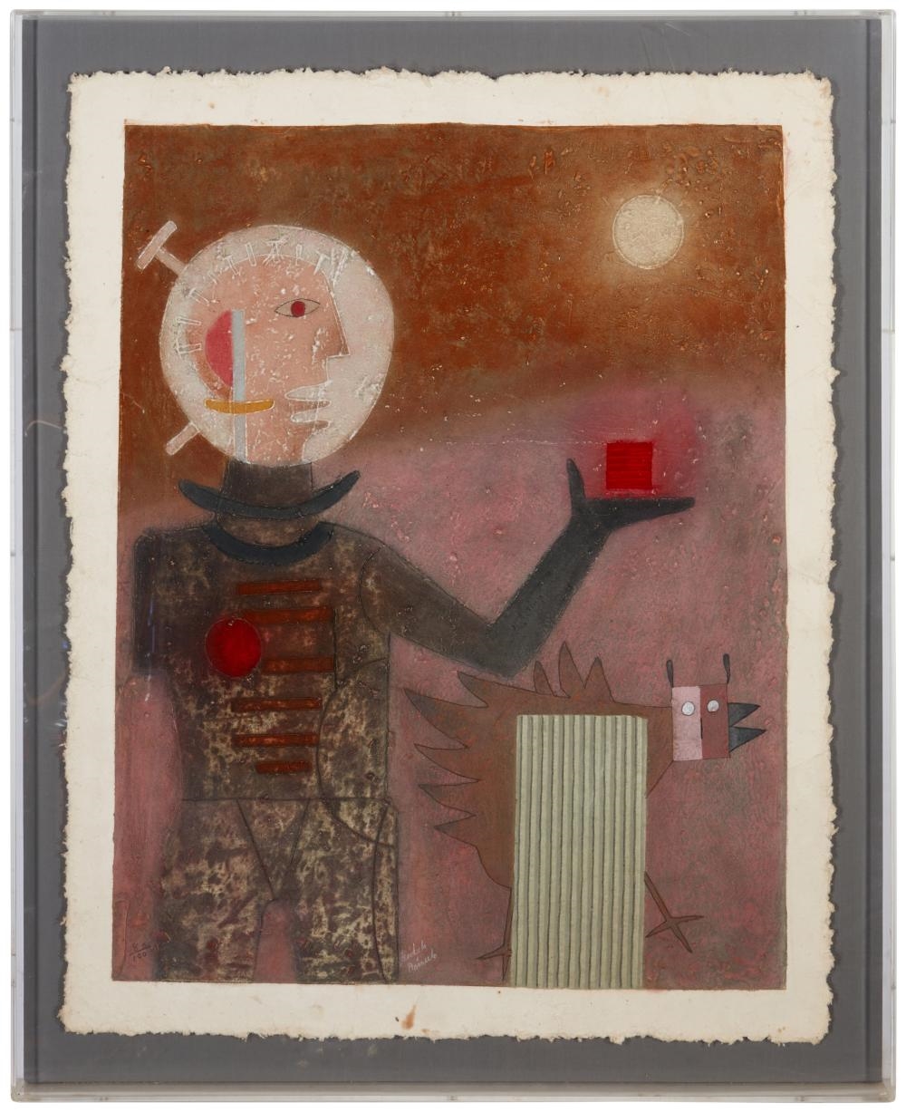 Artwork by Teódulo Rómulo, Astronauta con Pollo, Made of Mixografia in colors on thick handmade paper