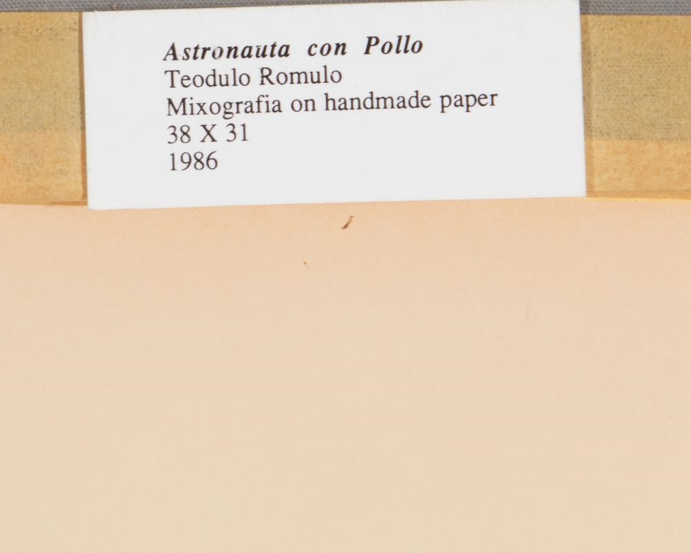 Artwork by Teódulo Rómulo, Astronauta con Pollo, Made of Mixografia in colors on thick handmade paper