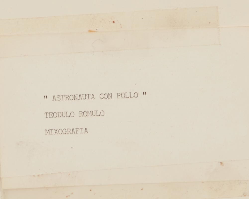 Artwork by Teódulo Rómulo, Astronauta con Pollo, Made of Mixografia in colors on thick handmade paper