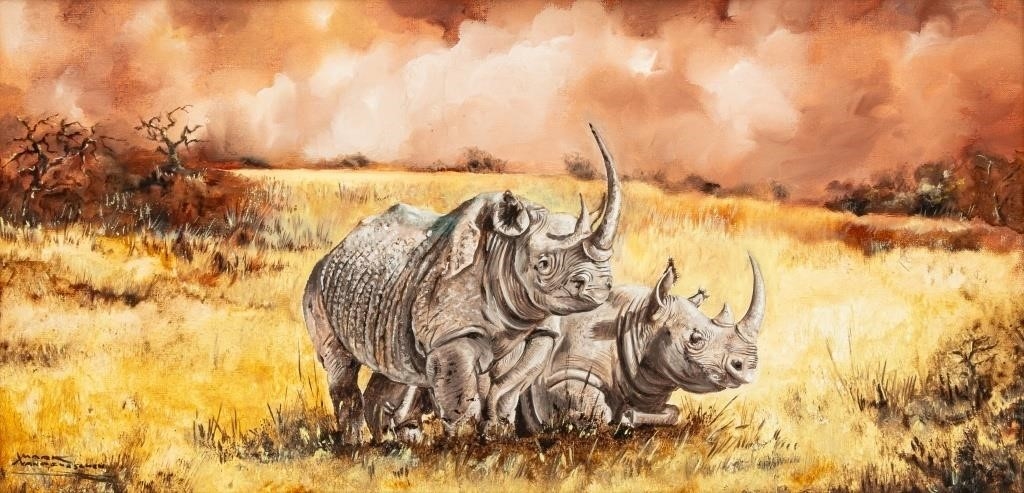 Artwork by Mark Vandeneschen, Rhinoceros in Landscape, Made of Oil on Canvas