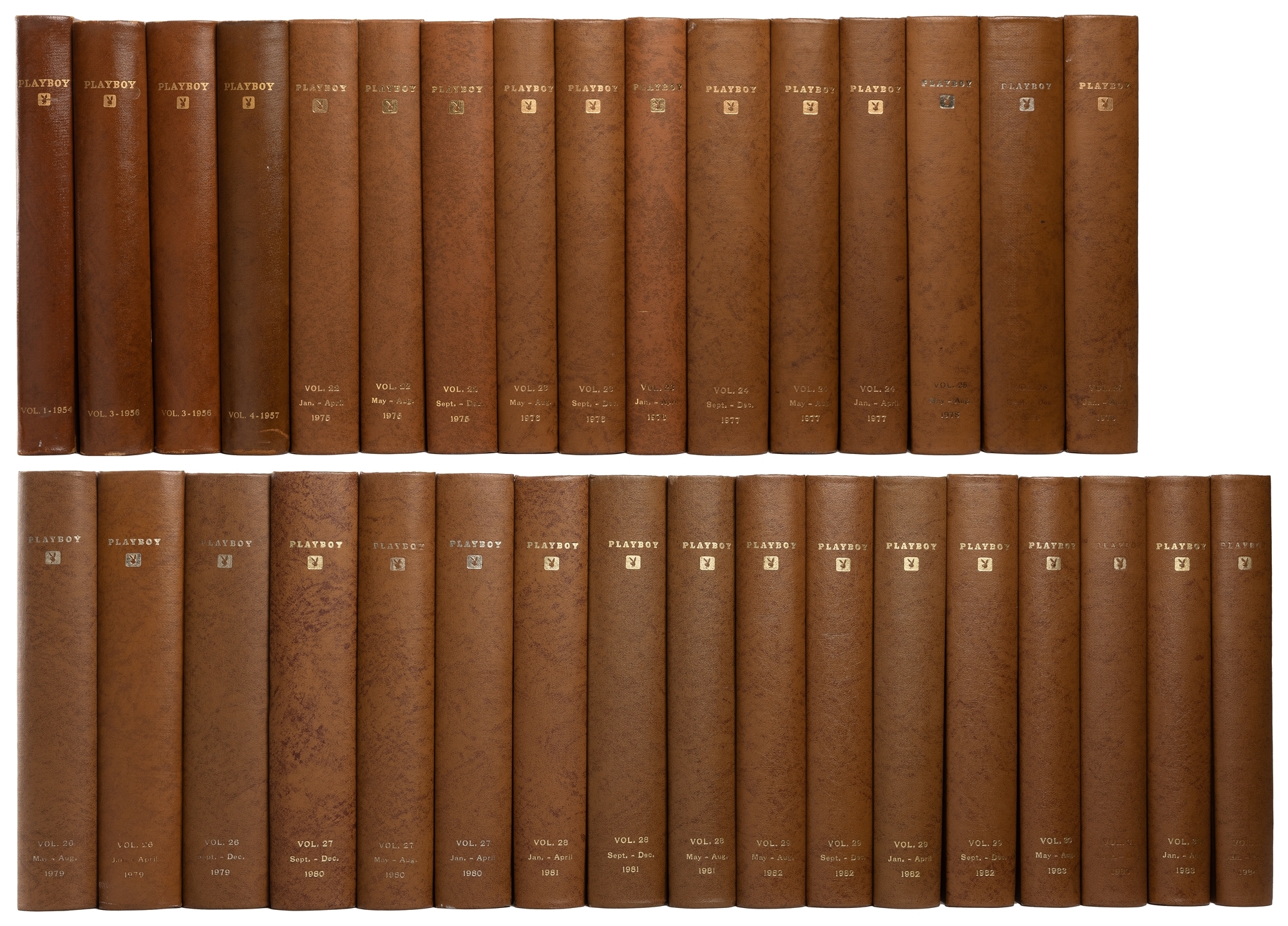 Artwork by Hugh Hefner, Group of bound Playboy magazines, including Vol, Made of dark brown hardcover