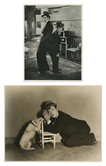 A vintage diptych of two figures in top hats, one standing and two kneeling with a dog.