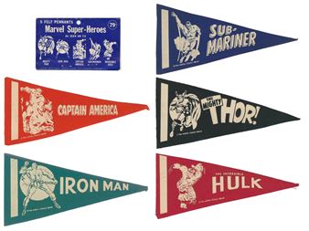 Five Vintage Felt Superhero Pennants - Marvel Comics