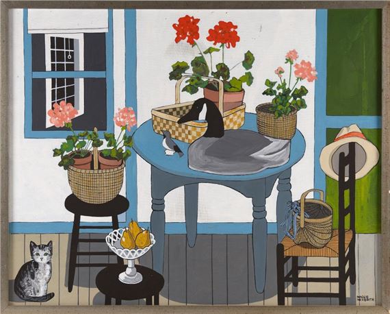 Nantucket cottage interior with decoys, geraniums and a cat by Maggie Meredith, 1922-2012