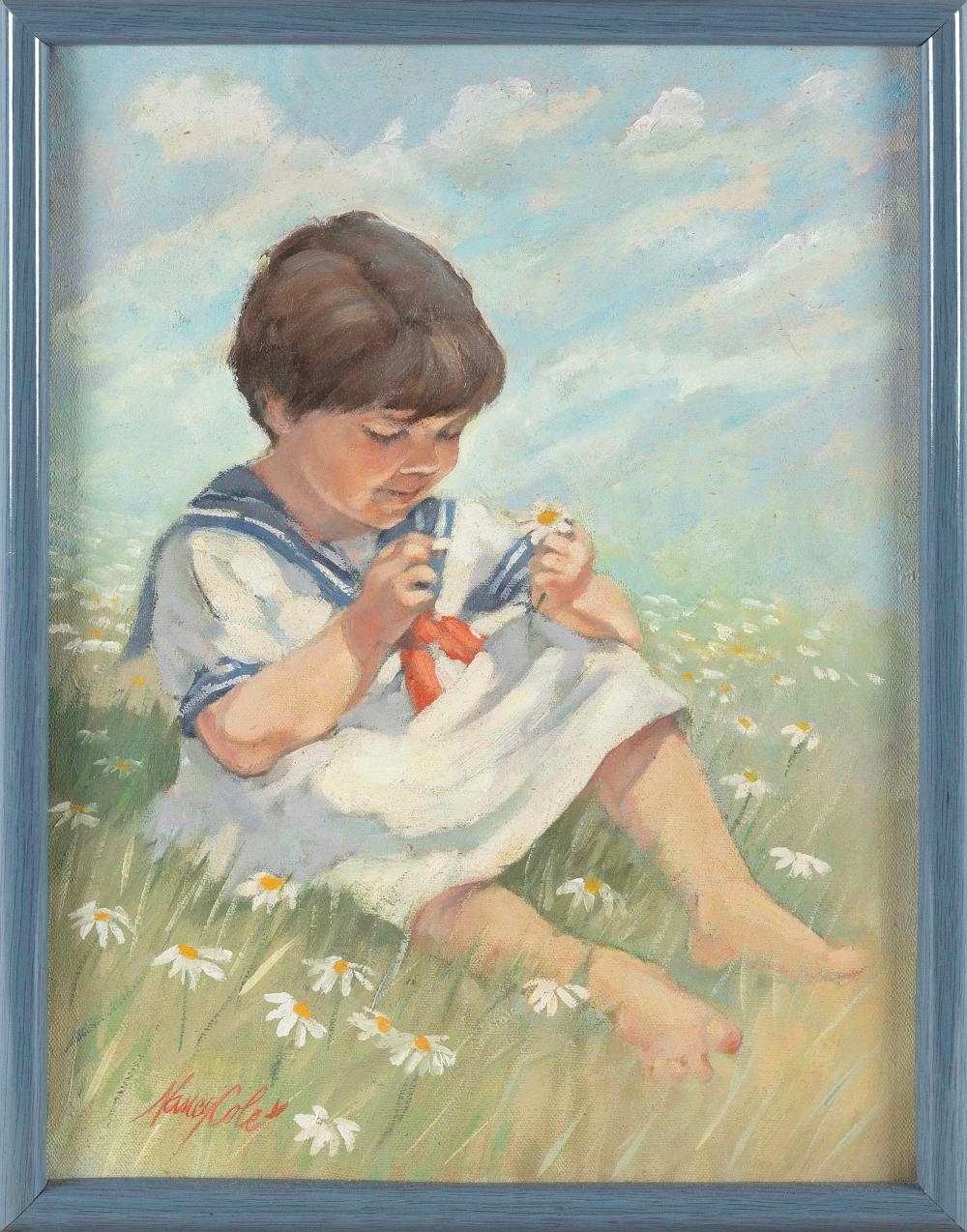 Artwork by Nancy M. Cole, A young child picking daisies, Made of Oil on artist panel
