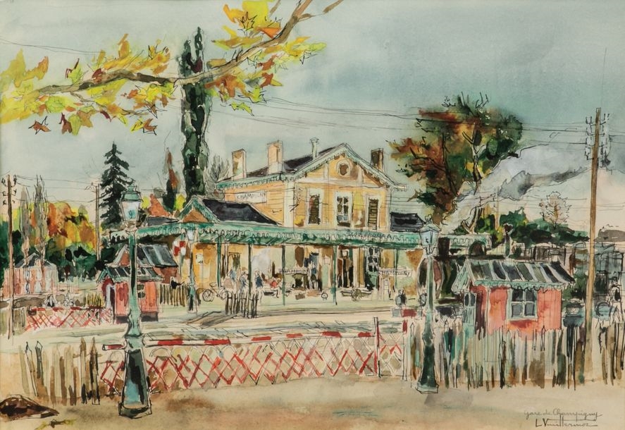 Artwork by Louis Vuillermoz, La Gare de Champigny à Saint-Maur, Made of Watercolor and India ink on paper