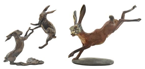 Michael Storey | TWO PATINATED BRONZE HARE SCULPTURES | MutualArt