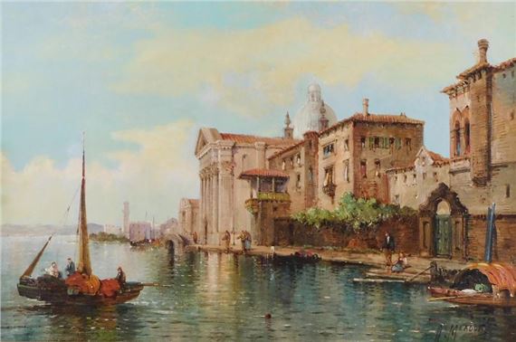 Venice Grand Canal scene featuring small boats and figures throughout - William Meadows