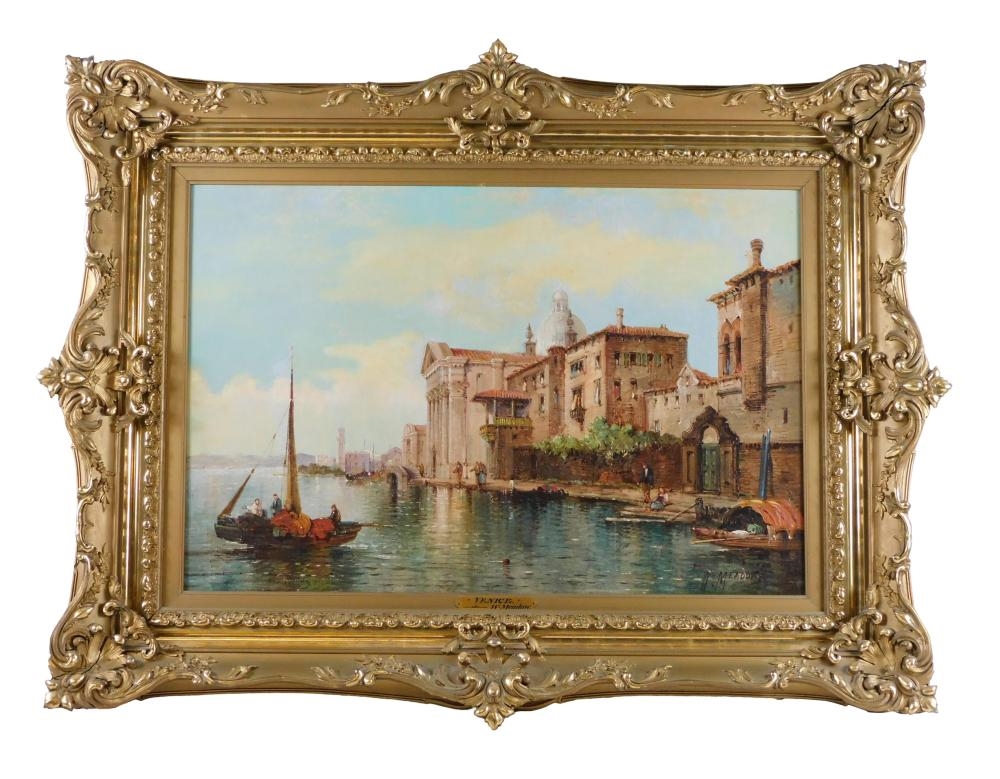 Artwork by William Meadows, Venice Grand Canal scene featuring small boats and figures throughout