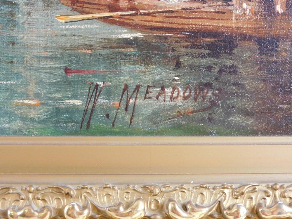 Artwork by William Meadows, Venice Grand Canal scene featuring small boats and figures throughout