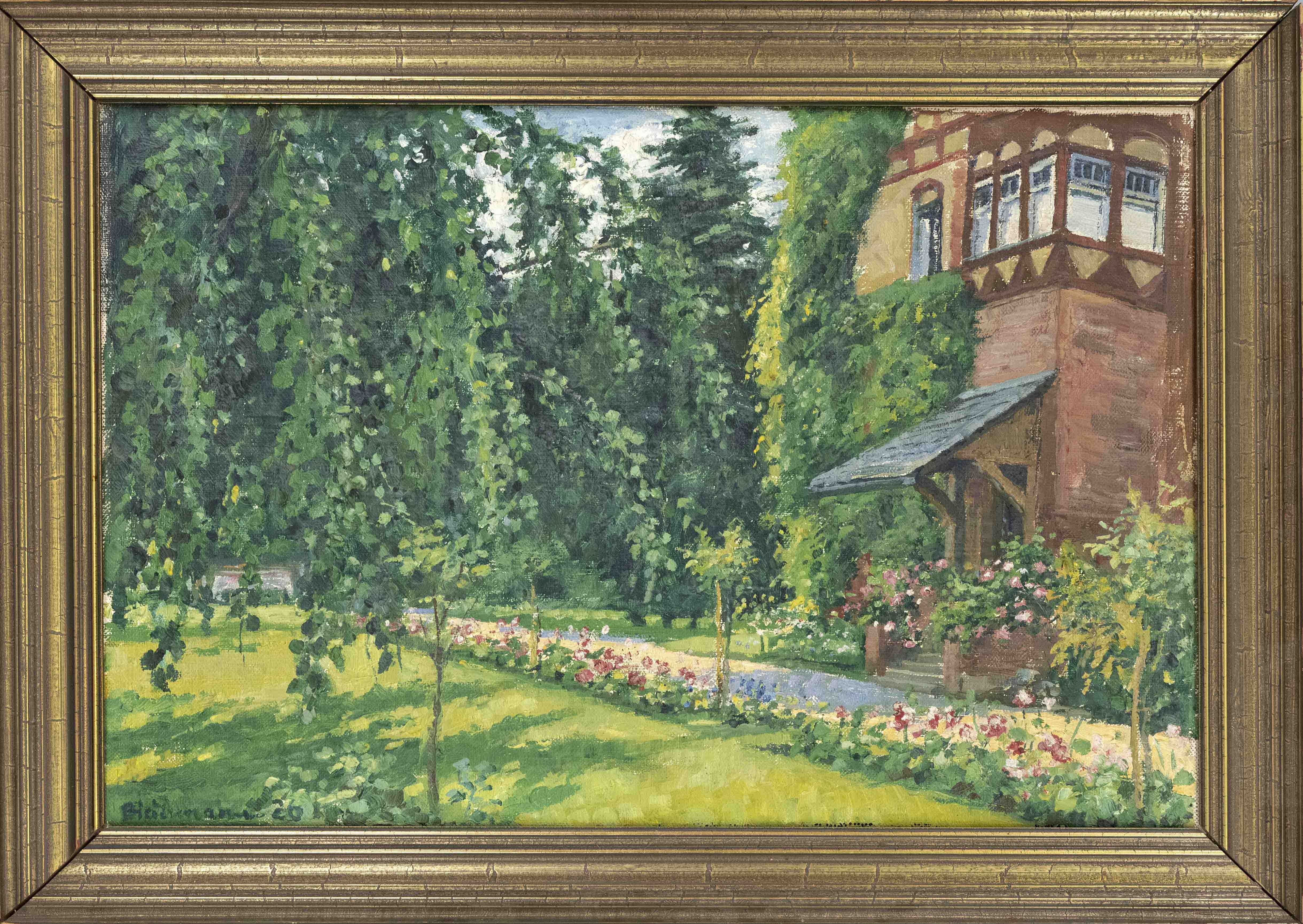 Artwork by Albrecht Biedermann, Blühender Vorgarten in Berlin-Dahlem, Made of Öl Auf Lwd.
