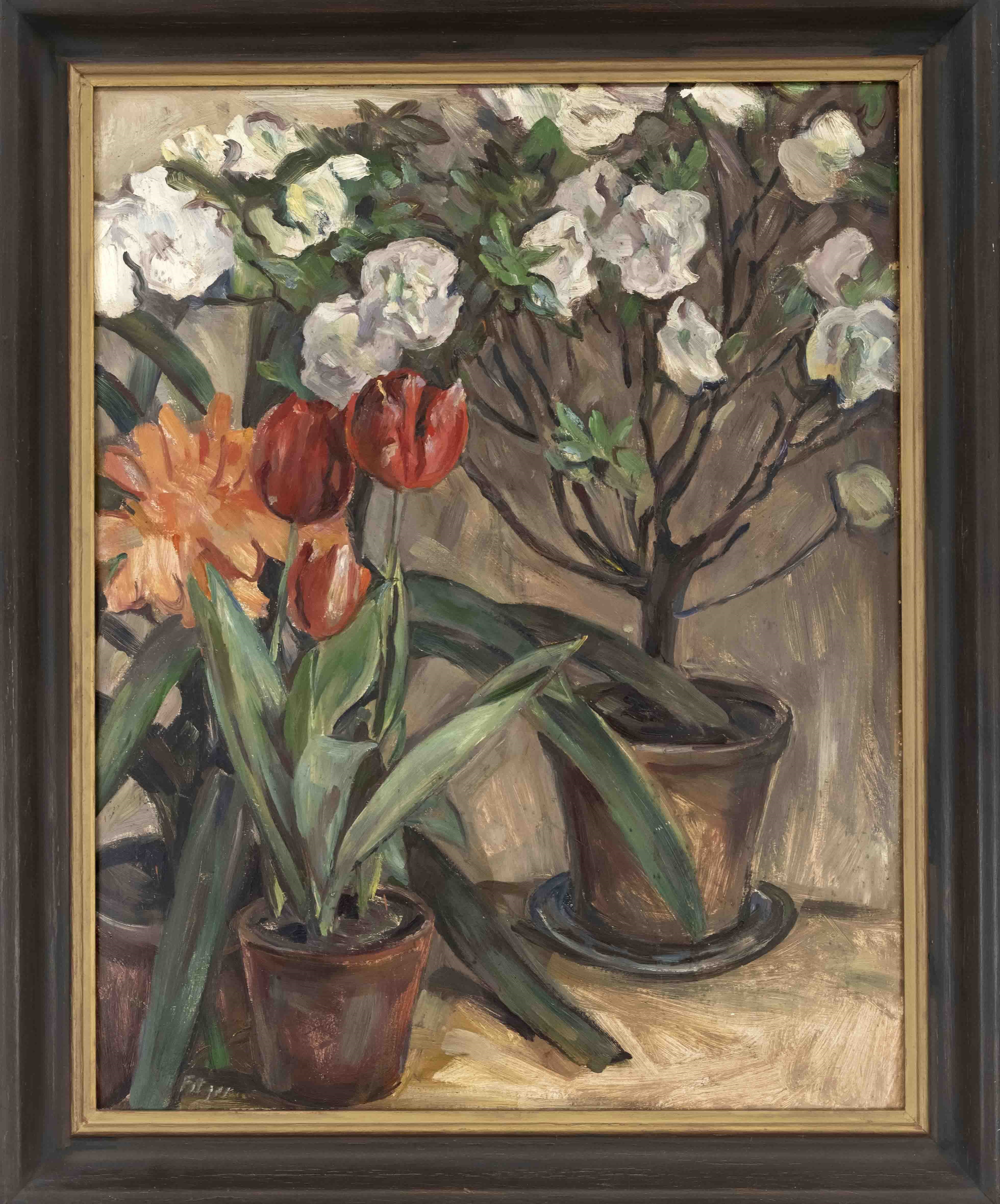 Artwork by Hermann Fitger, Rote Tulpen und Azalee, Made of Öl Auf Malkarton